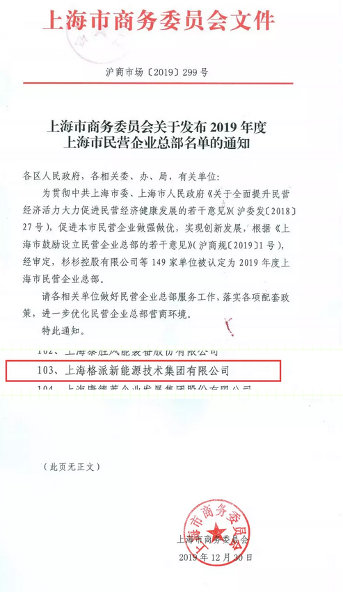 喜報(bào)！格派集團(tuán)被評為上海民營企業(yè)總部