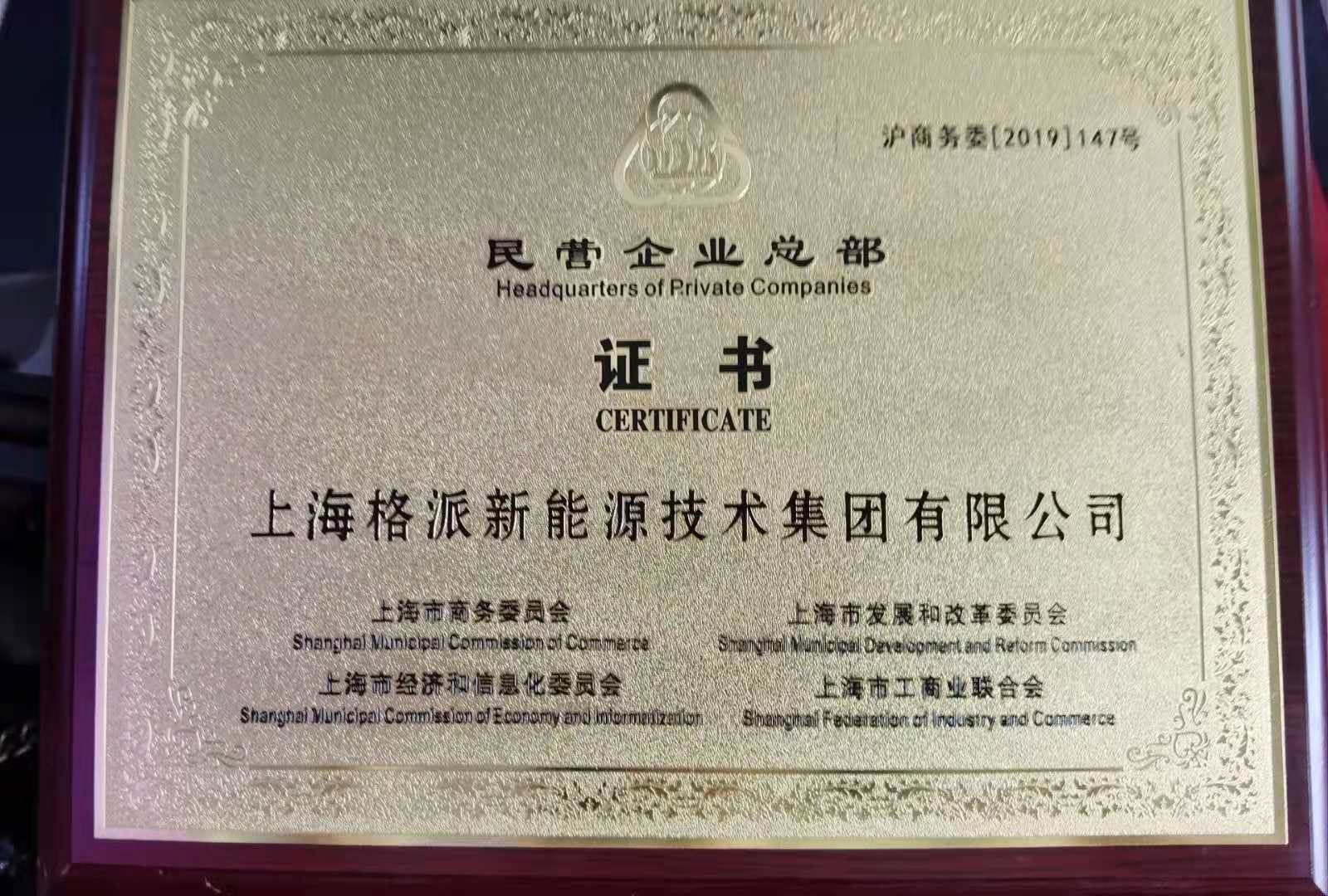 格派集團榮獲民營企業(yè)總部證書